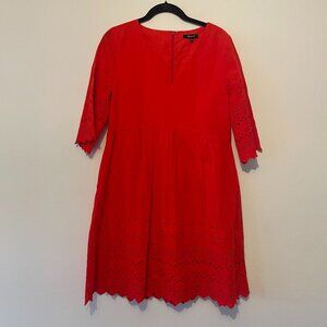 MADEWELL Bright Poppy Red Eyelet Lattice Dress Knee Length V-Neck Women's 6